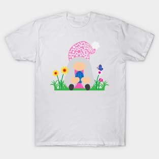 Easter Gnome Pink Hat in a Garden T-Shirt